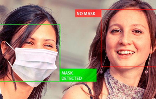 AI face detection analytics identifying face mask compliance with green "Mask Detected" and red "No Mask" bounding boxes
