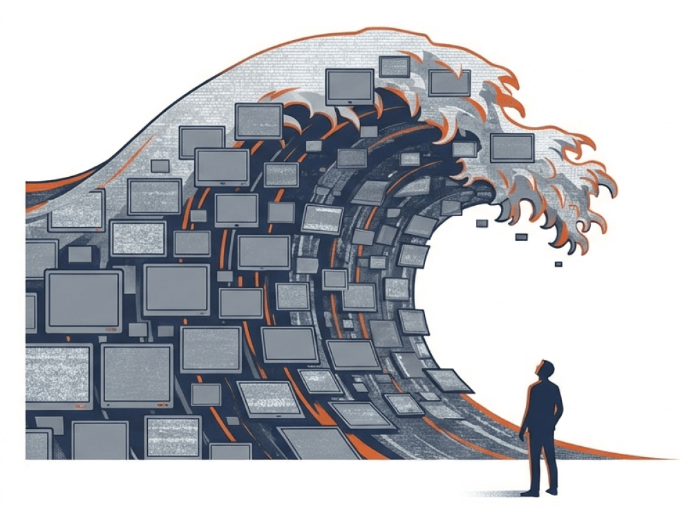 Conceptual illustration of a giant wave made of computer monitors crashing over a person silhouette representing digital data overload.