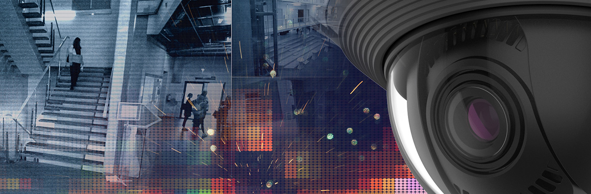 Hanwha Vision security camera overlooking a digitally enhanced commercial environment with people