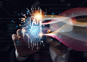Person reaching out to touch a glowing artificial intelligence chip icon with light streams and binary code graphics