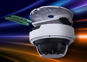 Exploded view diagram of a high-tech dome security camera showcasing its internal components and dual memory expansion slots