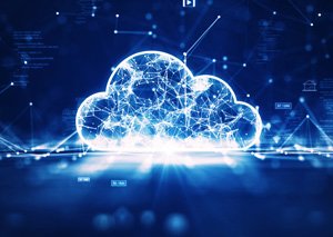 Glowing digital cloud icon made of interconnected data nodes and network lines against a blue technology background