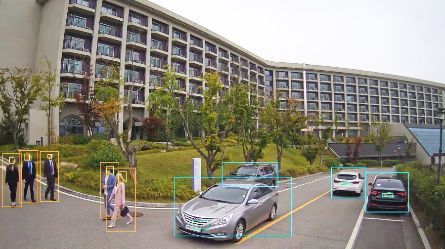 Surveillance system detecting people and vehicles outside a building.