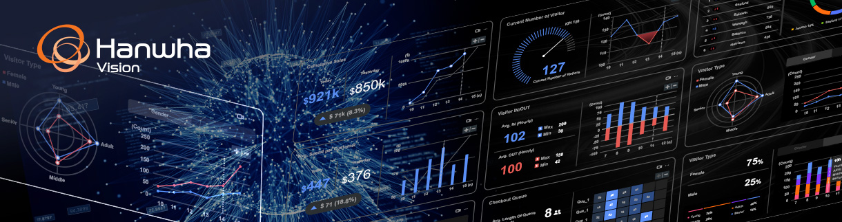 Advanced data analytics dashboard displaying visitor demographics, security metrics, and business insights