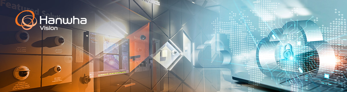 Security solutions display, featuring surveillance cameras and cloud-based security technology