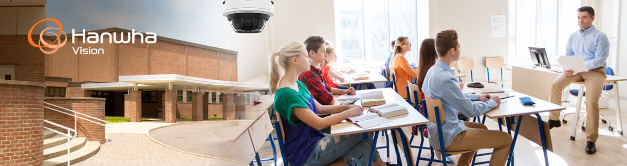 security camera overseeing a school building and classroom with students and a teacher, emphasizing campus safety