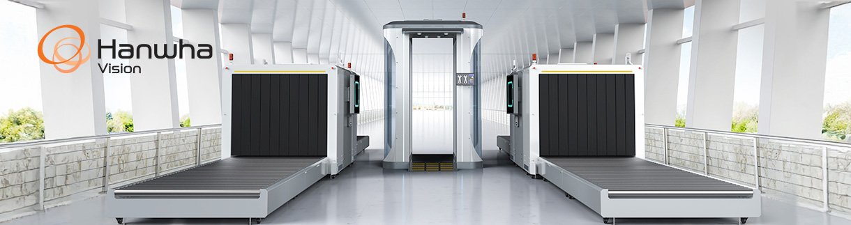 A rendering of an airport security checkpoint featuring a full-body scanner.