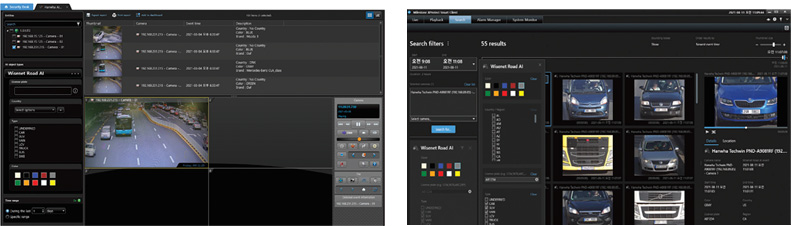 Surveillance software interface: vehicle monitoring and license plate recognition.