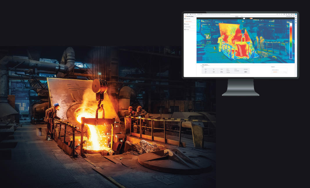 Steel factory operations with thermal imaging monitoring, detecting temperatures.